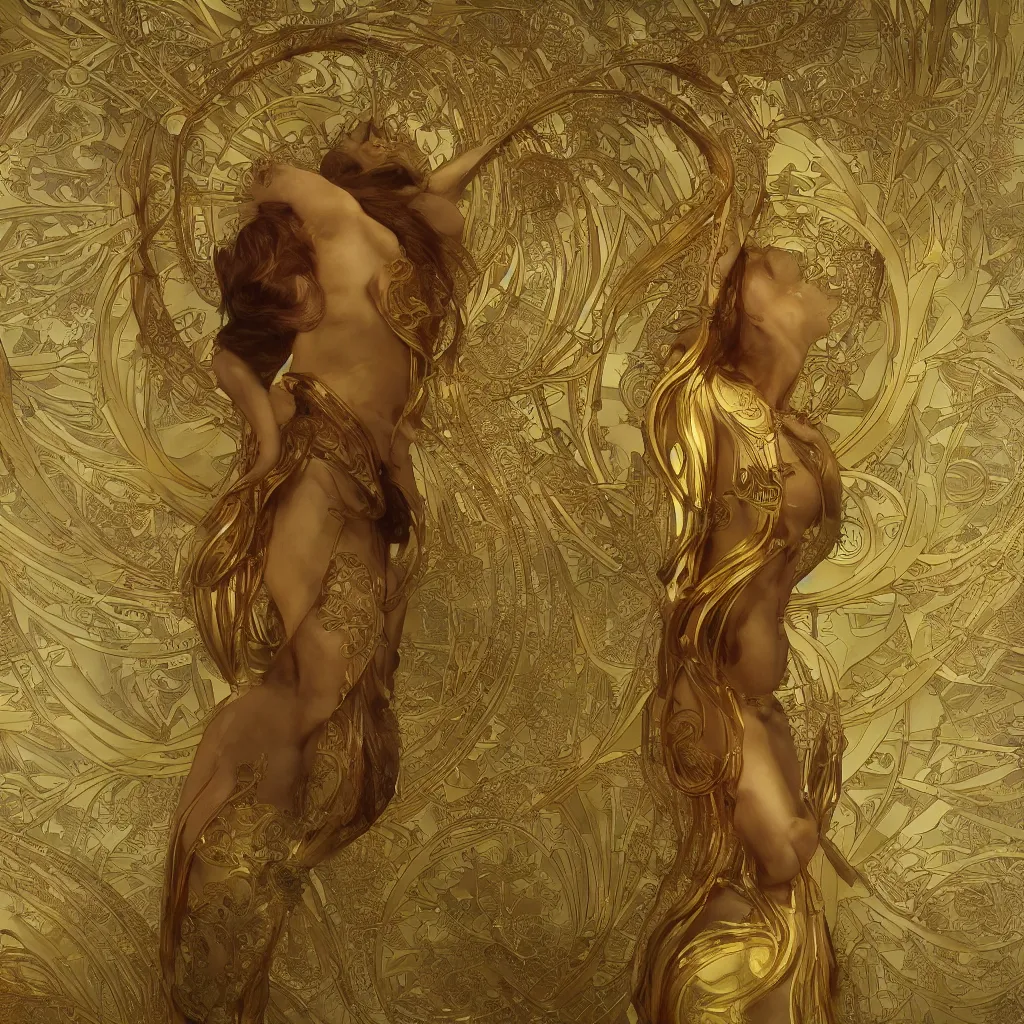 Image similar to human body made of thin golden Art Nouveau, Alphonse Mucha, cinematic realistic photo, octane render