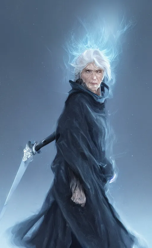 Image similar to an older woman with silver hair and piercing blue eyes. she's wearing a dark, hooded cloak and looks like she knows her way around a sword, dynamic lighting, photorealistic fantasy concept art, trending on art station, stunning visuals, creative, cinematic, ultra detailed