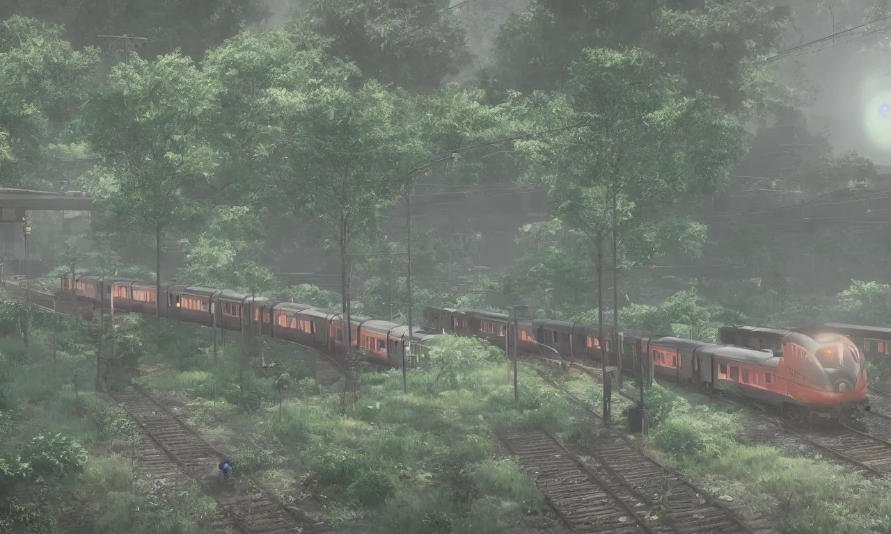 Prompt: the train by the platform, the movie the garden of words by makoto shinkai, a little bright, light rain, moist, 8 k, unreal engine