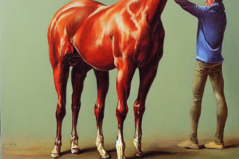 Prompt: creature with the head, arms and back of a human being and the body and legs of a horse. oil painting