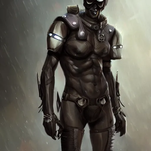 Image similar to a male teenager dark elf with hoofs wear googles, cyberpunk, artstation