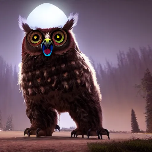 Image similar to A large magical beast called an Owlbear, the beast has the body of a bear and the head of an owl, 8k, Unreal Engine