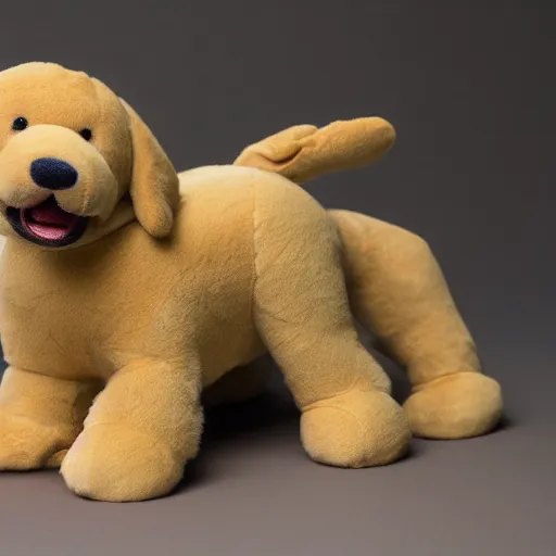 Image similar to a happy golden retriever puppyplush doll, 8 k. photorrealism. photography.