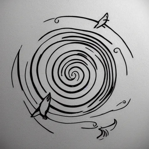 Image similar to a simple tattoo design of birds flying in a simple spiral, ink, line art