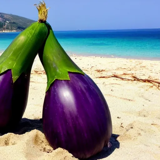 Image similar to huge eggplant sunbathing on the beach among people, photo,