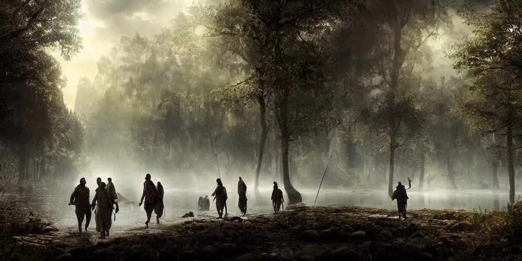 Image similar to muslim adventurers walking along the river bank in a forest, an epic fantasy, dramatic lighting, cinematic, extremely high detail, photorealistic, cinematic lighting, matte painting, artstation, by Christopher Nolan, 50mm lens, horizon forbidden west