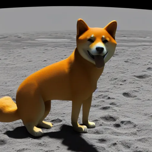 Prompt: a shiba inu dog on the surface of the moon, 3 d render, dramatic, photorealistic