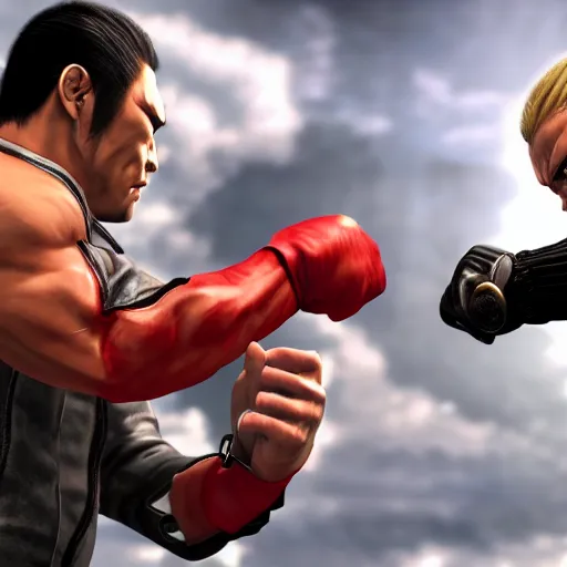 Image similar to Kazuma Kiryu from Yakuza and Senator Armstrong from Metal Gear Rising fights each other with their fists, highly detailed, photorealistic, cinematic lighting,