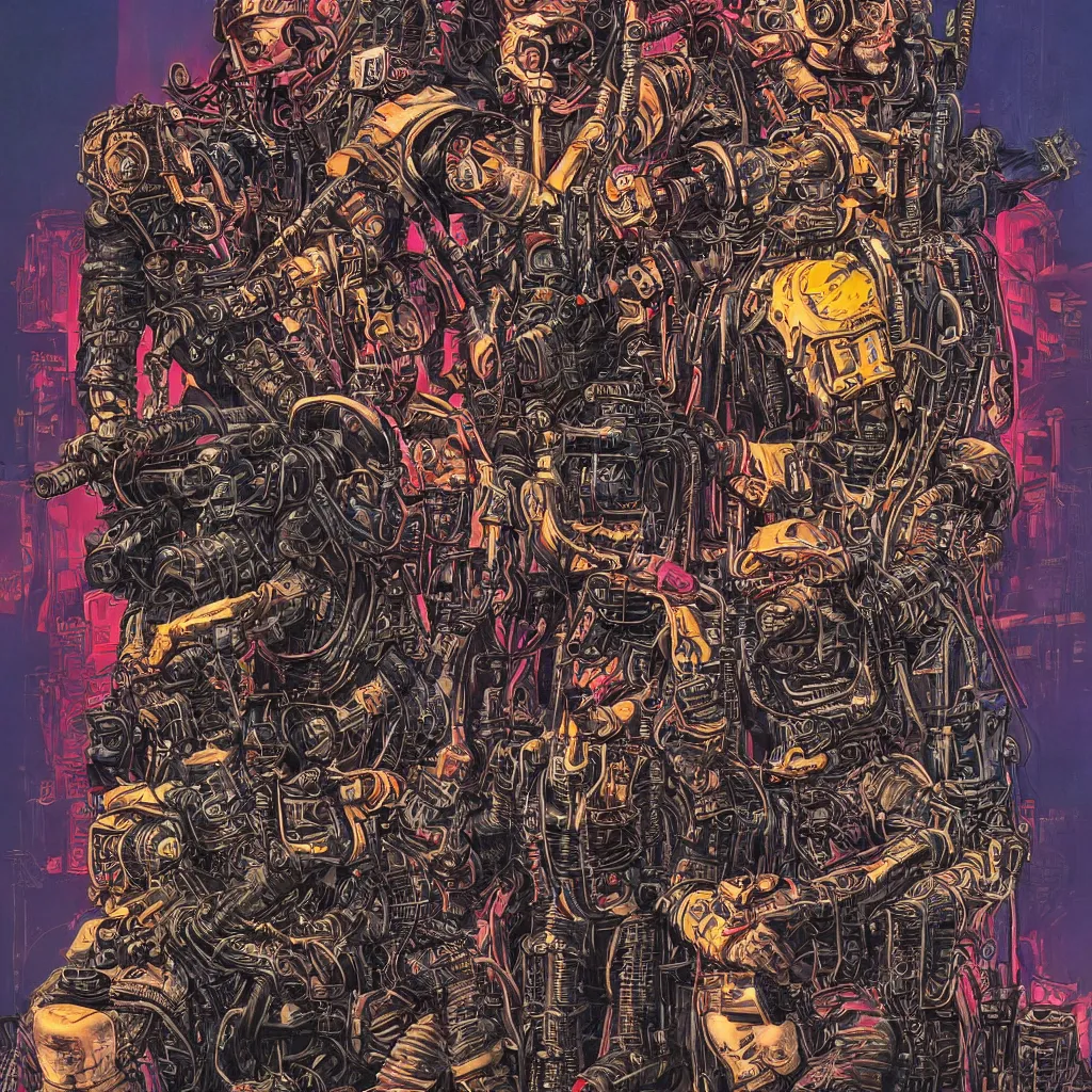 Image similar to A dramatic full-color cyberpunk nouveau illustration of the original members of Motorhead as futuristic leatherpunk rebel soldiers, hyperdetailed artwork by Walt Simonson and Bill Sienkiewicz, wild power, crazy fun, rebelliousness, confident, laughing, dark eyes, tarnished and rusted metal, Mad Max Road Warrior aesthetics, perfectly symmetrical facial features, 8k, deeply realistic hyperdetail, moody volumetric lighting, realistic facial details, 8k, UHD, HDR