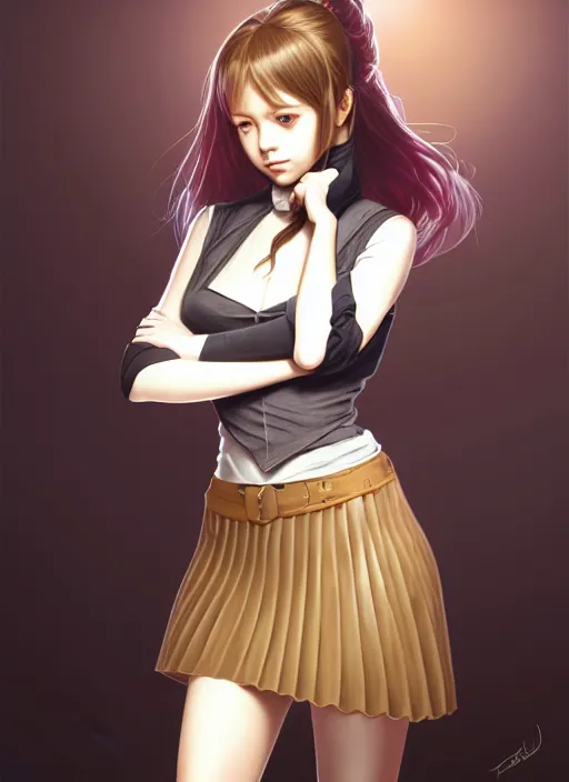 Image similar to portrait of a full body of beautiful young female detective, d & d, sleeveless turtleneck, pleated skirt, fantasy, flat lighting, intricate, highly detailed, digital painting, artstation, concept art, smooth, sharp focus, illustration, misa amane, art by simon bisley and greg rutkowski and alphonse mucha, natural tpose