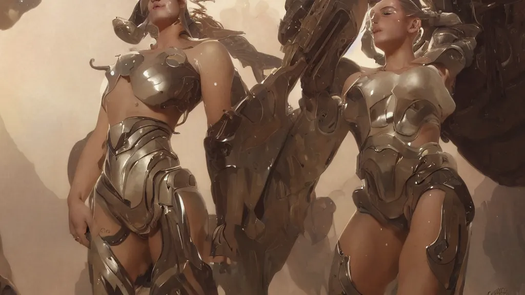 Image similar to modern elegant female cyborg greek goddess, space opera, feminine, powerful, beautiful, upper body, muscular, armour, highly detailed, digital painting, ghibli animated film, volumetric lighting, octane render artstation, concept art, smooth, sharp focus, illustration, by gaston bussiere, mucha, gerome, craig mullins, greg rutkowski, john singer sargent