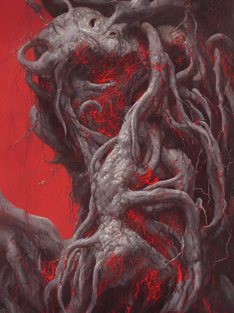 Image similar to wayne barlowe painting of a flying sorrowful looking severed human head with tears running down it's eyes, face that is chalk white in color, with long white tentacles stemming from it's neck, fiery scorching red eyes, background sprawling terrifying hellish cave with lava flowing through it's walls, 4 k