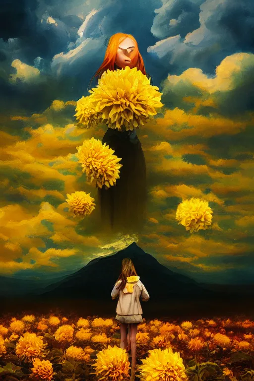 Image similar to closeup girl with huge yellow dahlia flower face, intricate, standing on mountain, surreal photography, blue storm clouds, dramatic light, impressionist painting, digital painting, artstation, simon stalenhag