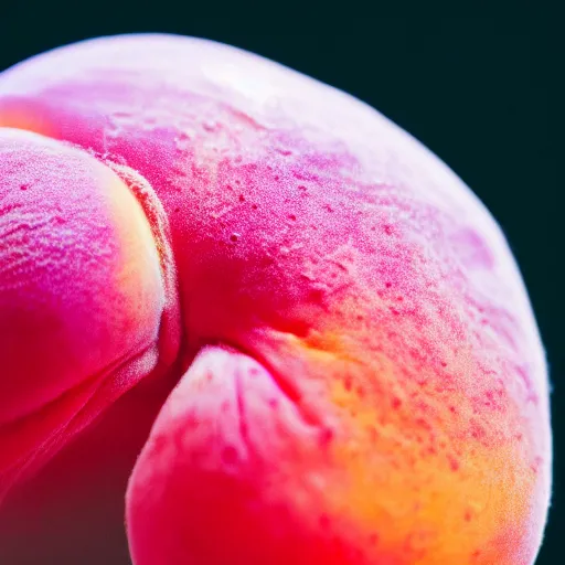 Image similar to a macro photo of a round peach's dry hairy skin, hyper realistic, hyper detailed, 35mm, very grainy film, pink volumetric studio lighting, bokeh, black background award winning shot, vogue magazine, cinematic, 8k, very closeup, elegant, tender, pastel