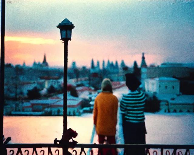 Image similar to lomo photo of pair standing on small hrushevka balcony full with cigarette smoke in small russian town looking at sunset, cinestill, bokeh