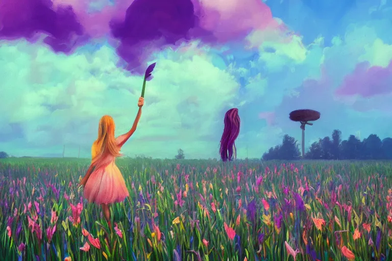 Image similar to giant gladiola head, girl walking in field of flowers, surreal photography, sunrise, blue sky, dramatic light, impressionist painting, digital painting, artstation, simon stalenhag