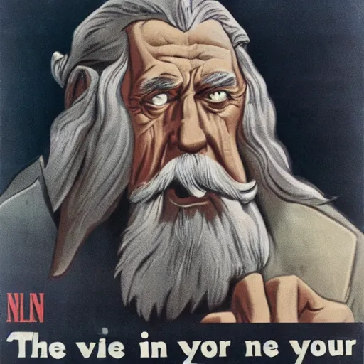 Image similar to WW2 propaganda poster showing Gandalf warning about the dangers of the one ring.