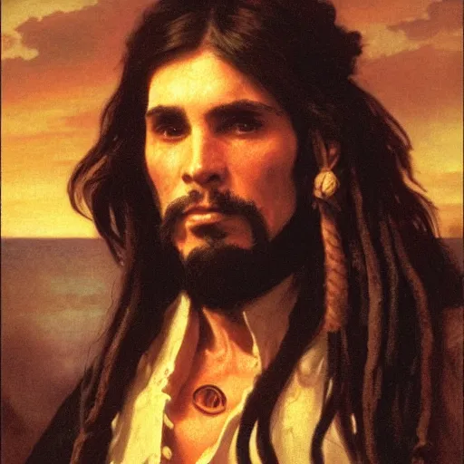 Prompt: Painting of Davy Jones from Pirates of the Caribbean. Art by William Adolphe b Bouguereau. During golden hour. Extremely detailed. Beautiful. 4K. Award winning.