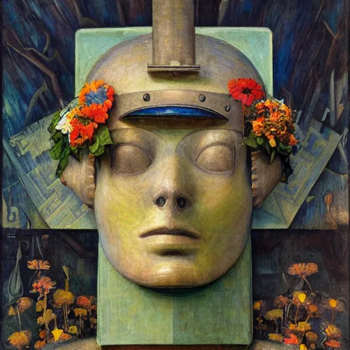 Prompt: masterpiece painting of the head of a robot wearing a mask made of flowers, by annie swynnerton and diego rivera and jean delville, flower mask, symbolist, dramatic lighting, god rays, elaborate geometric ornament, art brut, soft cool colors, smooth, sharp focus, extremely detailed, adolf wolfli