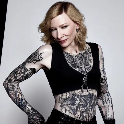 Image similar to high resolution image of cate blanchett with full body gang tattoos , highly detailed, photorealistic, 4k