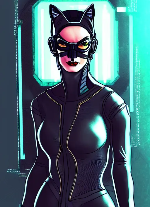 Image similar to portrait of cyberpunk catwoman