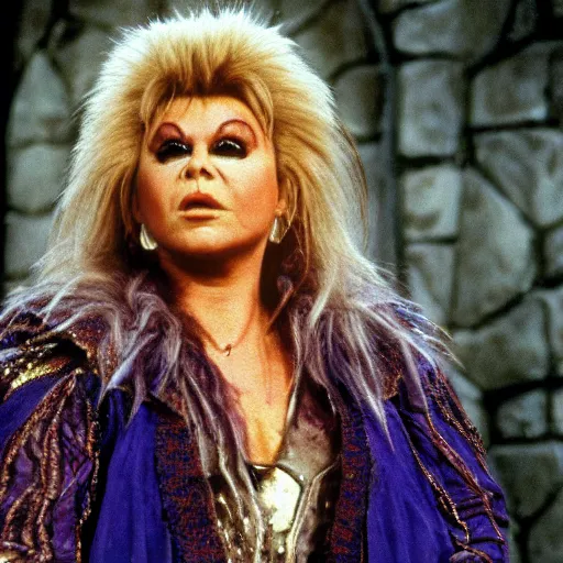 Prompt: roseanne barr as jareth in labyrinth, movie still