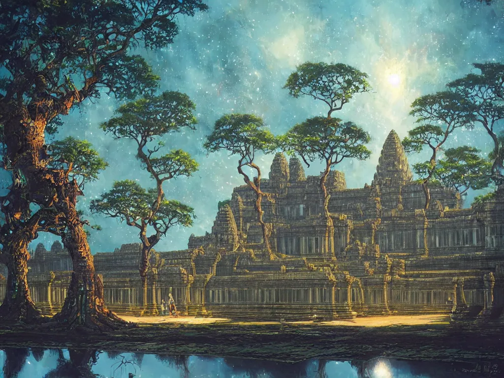 Prompt: a distant cyberpunk angkor wat, sky, portals, sparkling, reflecting pool, robots, ancient trees by paul lehr, jesper ejsing