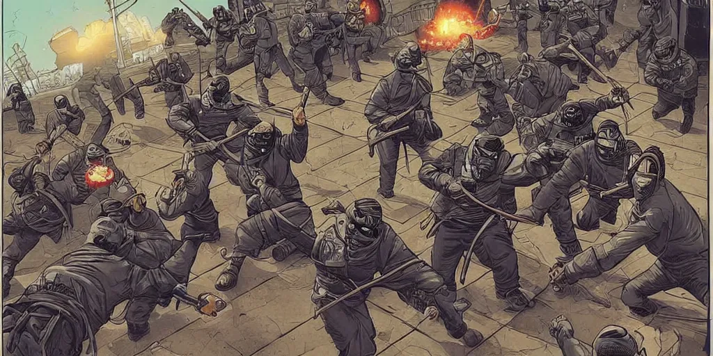 Prompt: keystone cops vs. Ninjas. Epic painting by James Gurney and Laurie Greasley.