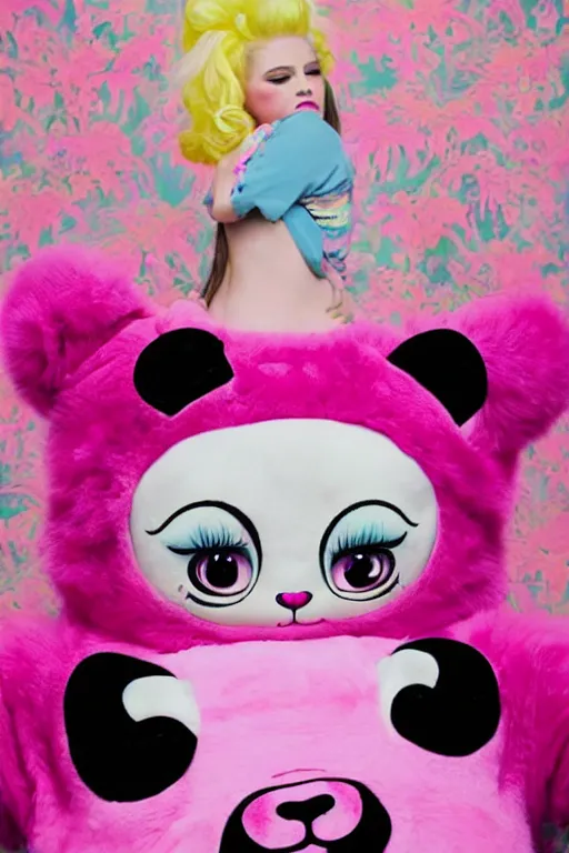 Prompt: an image of a girl with pink hair wearing a panda onesie looking across, evokes chrysalism painting by mark ryden, and lisa frank