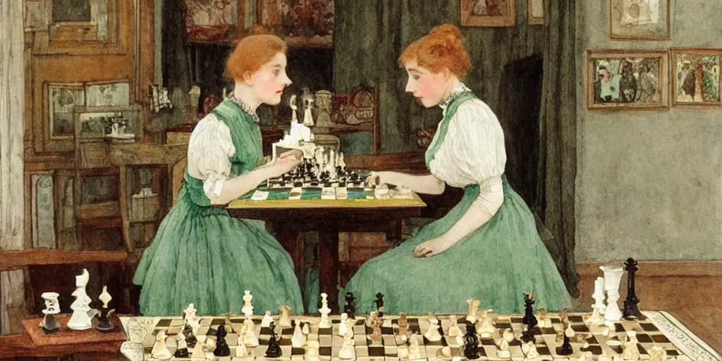 Image similar to a young edwardian woman wearing a green blouse and grey skirt sits by a chessboard at a table, in the style of carl larsson