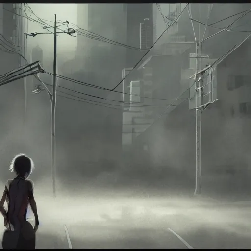 Image similar to incredible wide screenshot, ultrawide, simple watercolor, rough paper texture, ghost in the shell movie scene, backlit distant shot of girl, bold graphic graffiti, bright sun bleached ground, mud, fog, dust, windy, pale beige sky, junk tv, texture, dust, tangled overhead wires, telephone pole, dusty, dry, pencil marks, genius party, A master piece of storytelling, shinjuku, koji morimoto, katsuya terada, masamune shirow, tatsuyuki tanaka hd, 4k, remaster, dynamic camera angle, deep 3 point perspective, fish eye, dynamic scene