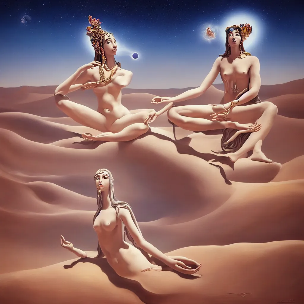 Prompt: beautiful goddess meditating in desert, in the style of dali, oil on canvas, masterpiece, trending on artstation, featured on pixiv, cinematic composition, beautiful lighting, sharp, details, hyper - detailed, hd, hdr, 4 k,