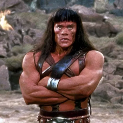 Prompt: still of Conan the barbarian in back to the future(1985)