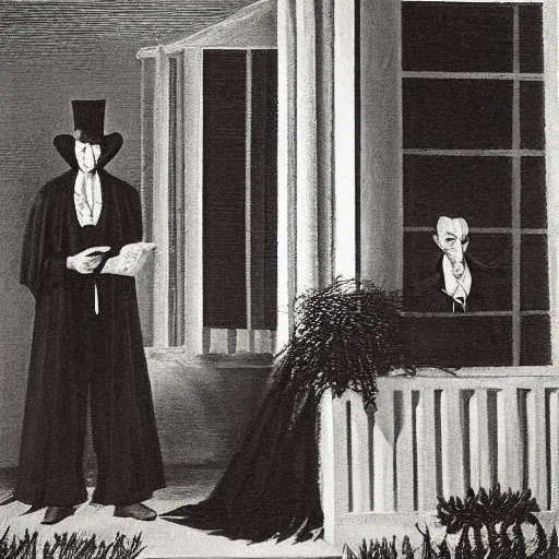 Image similar to grant wood's painting of dracula on the porch of a southern plantation, proudly gazing out on his cotton fields. he is pale, with black hair and a black and red cape.