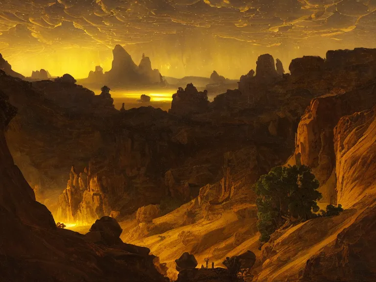 Image similar to an oil painting of a canyon on an alien planet with a distant outpost at dusk with aurora lighting up the sky by carl spitzweg and tuomas korpi. baroque elements, full-length view. baroque element. intricate artwork by caravaggio. Trending on artstation. 8k