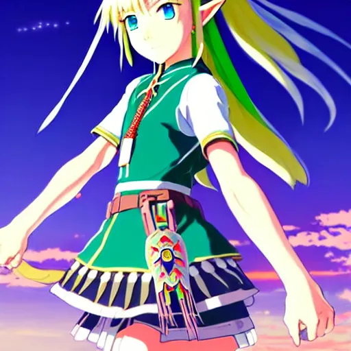 Image similar to a beautiful! young feminine link from botw, wearing japanese catholic school girl outfit with mayan pattern and native style, aztec street fashion, guilty gear art direction, perfect anime face, gapmoe yandere grimdark, trending on pixiv fanbox, painted by greg rutkowski makoto shinkai takashi takeuchi studio ghibli, akihiko yoshida