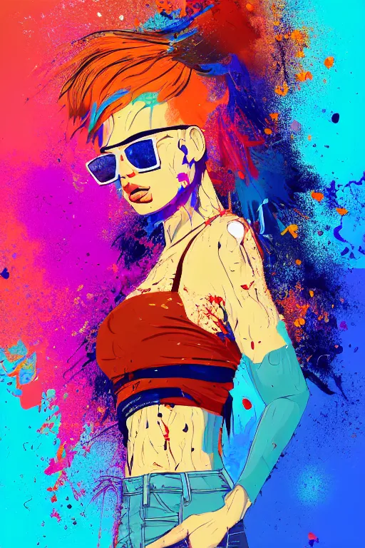 Image similar to a award winning half body portrait of a beautiful woman in a croptop and cargo pants with ombre orange blue teal hairstyle with head in motion and hair flying, paint splashes, splatter, outrun, vaporware, shaded flat illustration, digital art, trending on artstation, highly detailed, fine detail, intricate