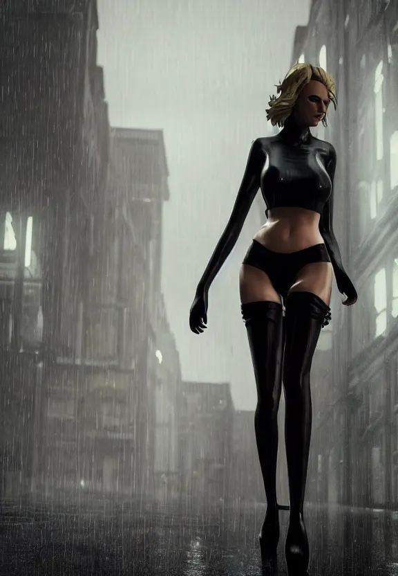 Prompt: playboy model annie leonhart posing with open toe heels in dunwall city, beautiful face, detailed face, cinematic lighting, rainy weather, melancholy atmosphere, volumetric light, octane render, gothic architecture, realistic reflections, octane render 8 k, model agency, instagram photo