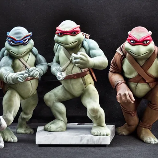 Prompt: teenage mutant ninja turtles as a sculpture from the renaissance, white marble, glossy, high details, cinematic