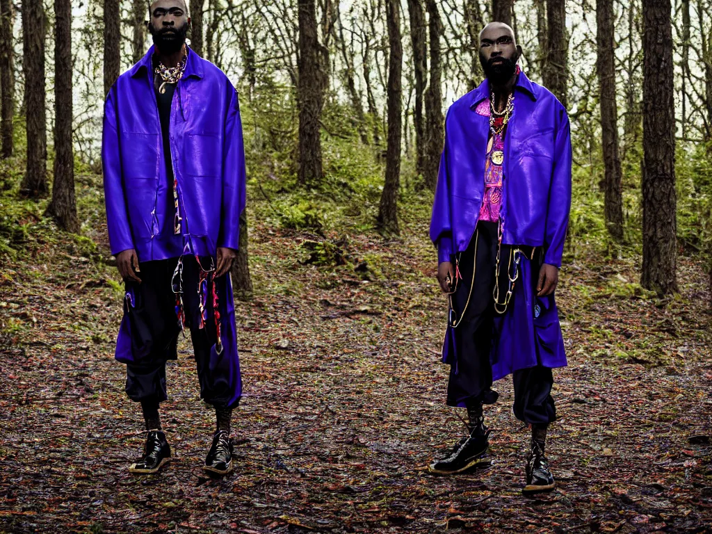 Image similar to versace avant garde male super oversized jacket blue purple red necklace textiles streetwear cyberpunk african american black skin shaved head trimmed beard in the woods overcast late evening dramatic professional color 8 k hdr