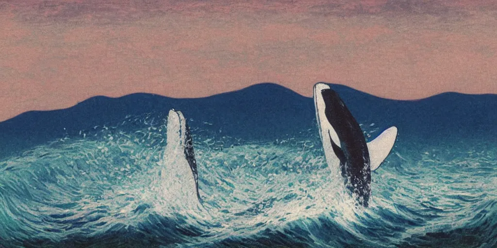 Image similar to An aesthetically pleasing, dynamic, energetic, lively, well-designed digital art of a whale, ripples, waves, sea foam, light and shadow, ocean caustics, aizome patterns, by Ohara Koson and Claude Monet, traditional Japanese colors, superior quality, masterpiece, excellent use of negative space.