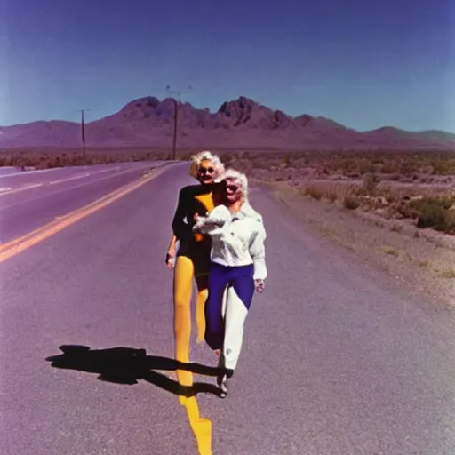 Image similar to marilyn monroe and astronaut walking across highway in arizona