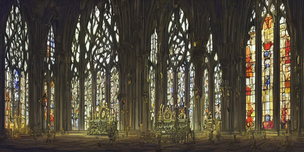 Prompt: a gothic decorated throne room with enormous throne and columns and large windows with stained glass, magical, bright, colorful, fantastic lighting, amazing details, 4 k uhd, illustration by hayao miyazaki and makoto shinkai and ilya kuvshinov, artstation, pixiv,