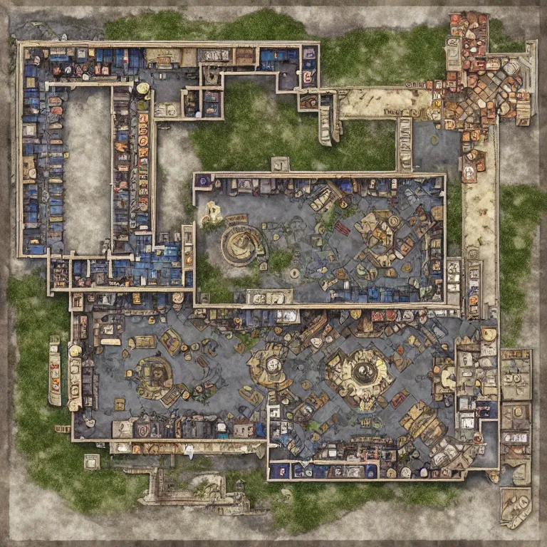 Prompt: full - color fantasy floor plan battle map of a market square, d & d, pathfinder, by jeff todd and greg rutkowski, trending on artstation, pinterest