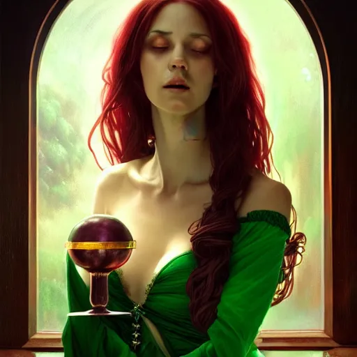 Image similar to Portrait of female sorceress with long red wavy hair and a green dress and a goblet with a glowing potion in it, epic dark fantasy, medium shot, intricate, elegant, highly detailed, digital painting, artstation, concept art, smooth, sharp focus, illustration, art by artgerm and greg rutkowski and alphonse mucha