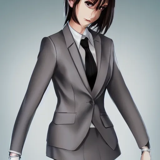 Image similar to woman in grey business suit, brown neat hair, pixiv, fanbox, trending on artstation, portrait, modern, sleek, highly detailed, formal, serious, determined, competent, colorized, smooth, charming, pretty, safe for work