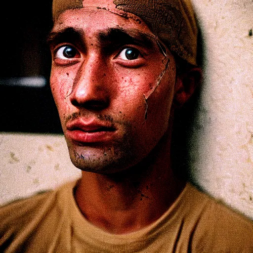 Image similar to Detailed portrait of a weary jarhead. CineStill.