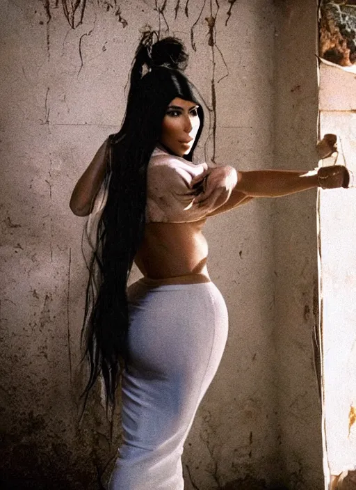 Prompt: film still of kim kardashian dressed as tupac, derelict house, cinematic lighting,