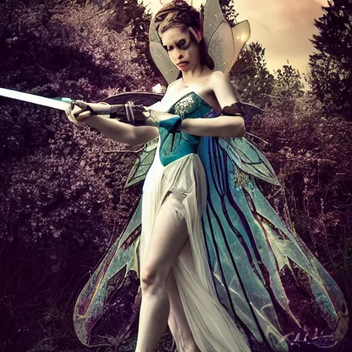 Prompt: magazine photo shoot of a fairy princess holding a sword, art photography, cinematic lighting, epic, fantasy, beautiful, stunning, gorgeous