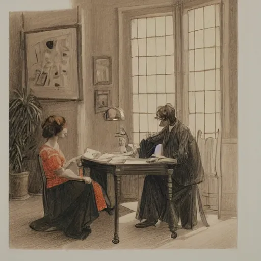 Prompt: A beautiful drawing of a man and a woman sitting in a room. The woman is reading a book while the man is writing at a desk. The light from the window illuminates the room and the couple. The couple is surrounded by a few items in the room, including a globe and a few potted plants. fluorescent orange by Albert Lynch, by Shinji Aramaki, by Quint Buchholz distorted, rigorous